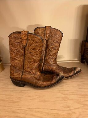 Vtg Kids 2.5 D Leather Cowboy Boots Texas Brand Boot Company USA Blue Stitching